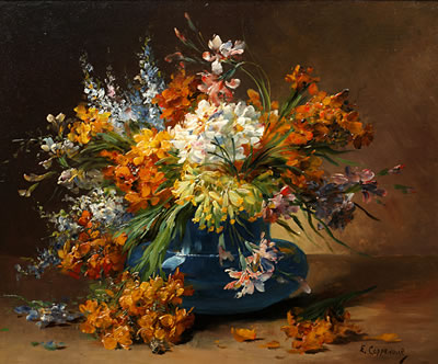 Still life of flowers in a blue vase; and companion