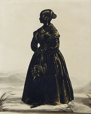 A silhouette of Miss Martha Bebb, full-length, profile to the right, wearing dress with wide collar, her hair in a plaited bun, she holds a bonnet by the ribbons in her right hand.