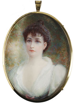A Lady, wearing white dress with purple and mauve sash to her waist, her raven hair curled and upswept.