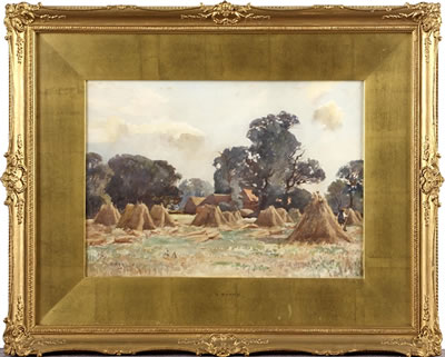 Farmstead with geese; corn stooks (2) by John Gutteridge Sykes - Auction record, sale price, and art valuation. Compare with similar artists and explore comparable artworks.