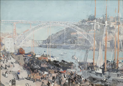 View of a bridge over a continental harbour by Cecil George Charles King - Auction record, sale price, and art valuation. Compare with similar artists and explore comparable artworks.