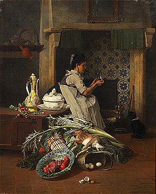 Kitchen maid with game and vegetables