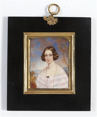 A Lady, seated in a landscape, wearing decollete pink dress with tiered collar of white lace