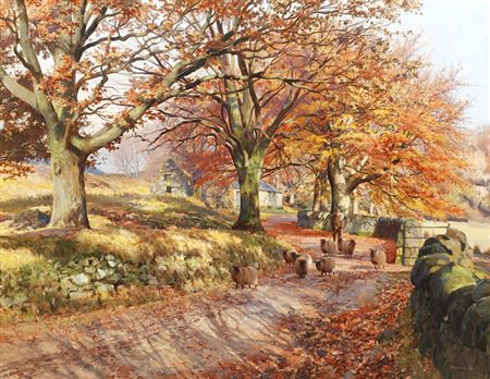 Shepherd and his flock on a country lane