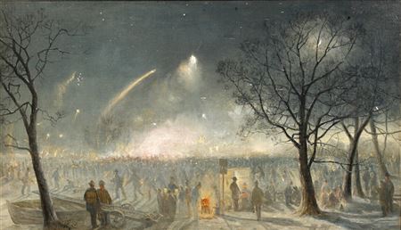 Crowds by the Thames at night, with fireworks