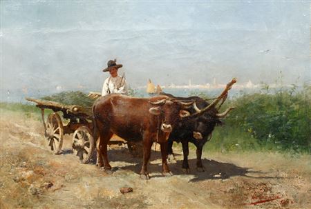 Oxen and cart on a track with a distant view of Venice beyond