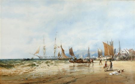Busy coastal scene with ship, fishing boats, and figures on the shore