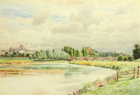 An extensive river landscape with a bridge and a Cathedral beyond by Thomas Bushby - Auction record, sale price, and art valuation. Compare with similar artists and explore comparable artworks.