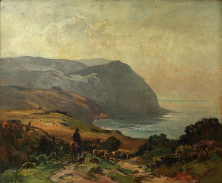 Lynmouth coastal scene, with farmer and sheep on a track