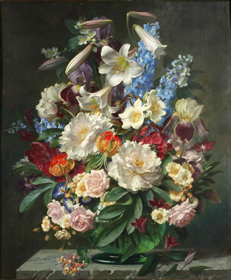 Still life with roses, delphiniums, lilies and peonies