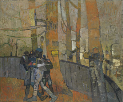 Coloured figures near a fence