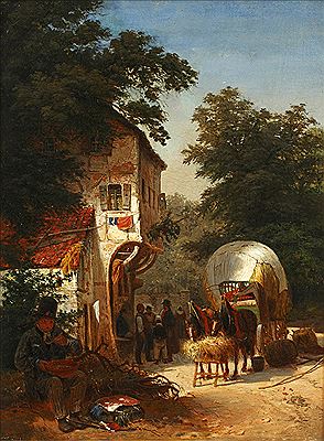Travellers and a haycart outside an inn