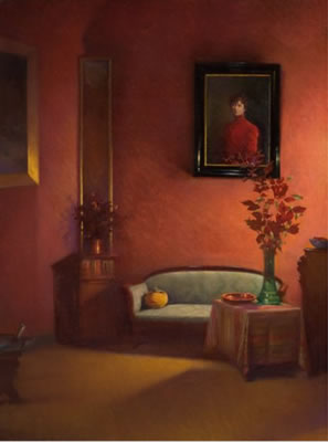 Portrait of Asta Norregaard: Rødt interiør med selvportrett
