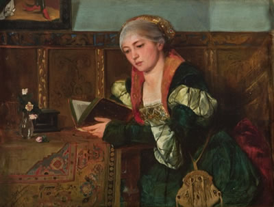 Lesende dame i renessansedrakt