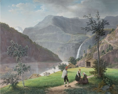 Norsk fjordlandskap med bunadskledde mennesker