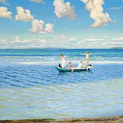 Young girls in a boat, summer