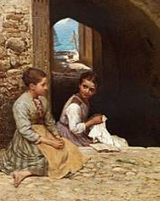 Two young Italian girls in a courtyard