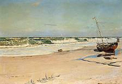 A beach scene with two fischermen gazing at the sea