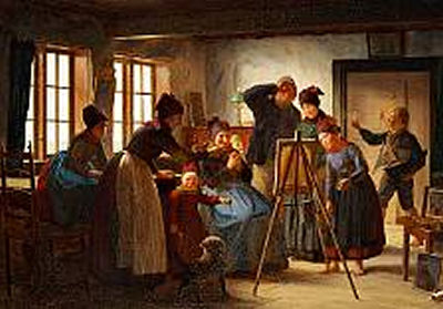 People from Fanø looking at the painting while the artist has left the room