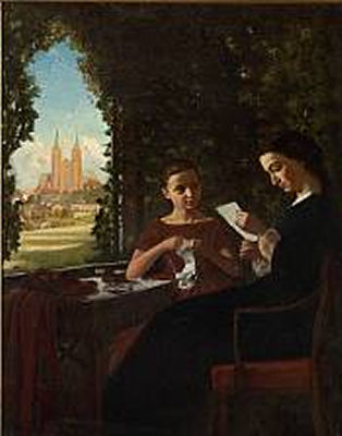 A Mother and Her Daughter Sitting at a Table with a View of Roskilde Cathedral