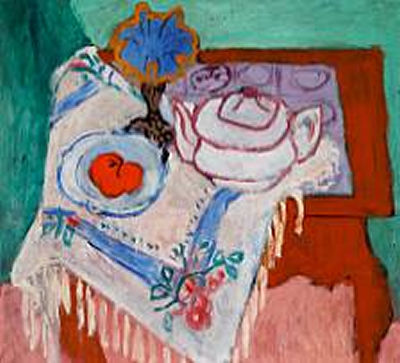 "Nature morte med tomater, tekande og glasskål"