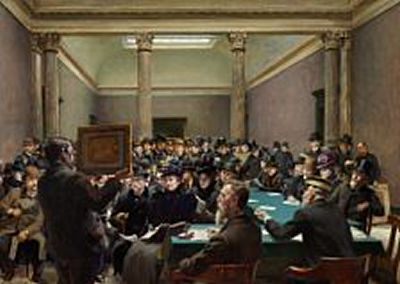 An art auction at Charlottenborg in Copenhagen. "En Kunstauktion paa Charlottenborg"