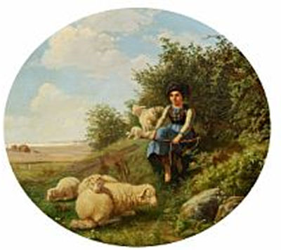 A shepherdess from the island Föhr. "En Vogterpige med Faar fra Øen Føhr".