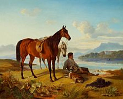 Southern European landscape with two horses and a rider taking a rest