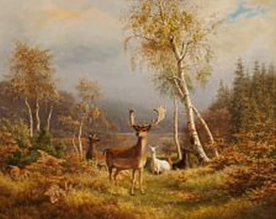 Fallow deer in the woods in autumn. "Efteraarsbillede med Daadyr. Motivet fra Gribskov".