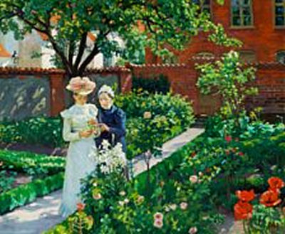 Two ladies strolling in a flower garden