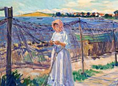 A young girl mending the fishing nets on the beach by Peter Marius Hansen - Auction record, sale price, and art valuation. Compare with similar artists and explore comparable artworks.