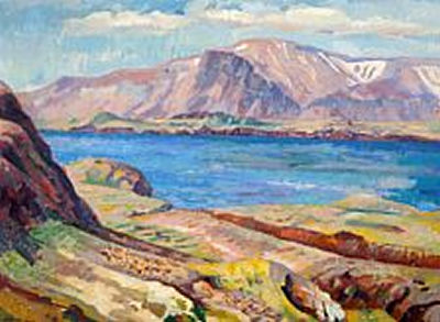 Landscape, Iceland. In the background the island Viðey and the mountain Esja