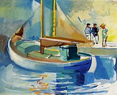 Three persons in front of a boad