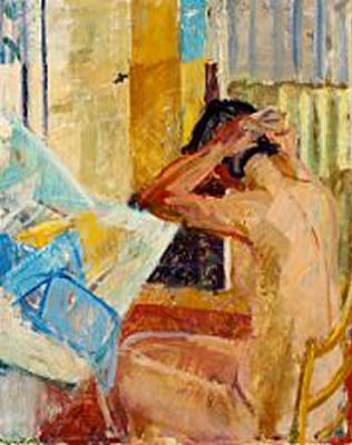 Interior with a neaked woman sitting in front of a bureau