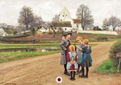 Four girls chatting in front of the village church by Hans Andersen Brendekilde - Auction record, sale price, and art valuation. Compare with similar artists and explore comparable artworks.