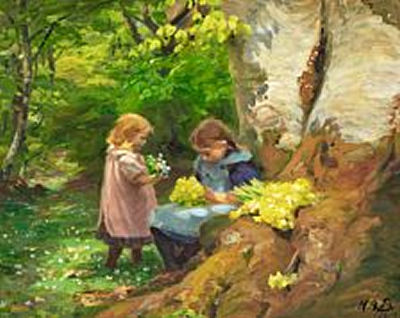 Springtime with two girls picking flowers