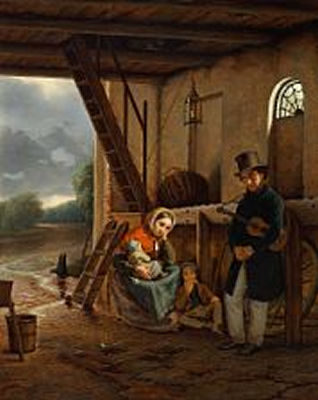 A wandering singer and his family seeking shelter from the rain by David Monies - Auction record, sale price, and art valuation. Compare with similar artists and explore comparable artworks.