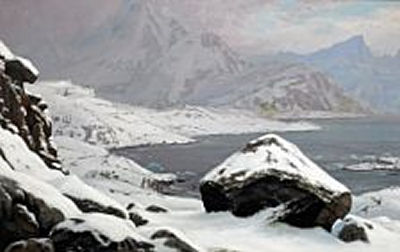 Greenlandic landscape with a family waiting the homecoming of the sealer