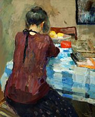 Girl at a table with a blue-chequered cloth by Carl Fischer - Auction record, sale price, and art valuation. Compare with similar artists and explore comparable artworks.