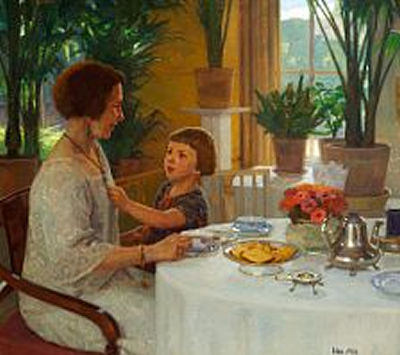 Grandmother and grandchild are having tea in the winter garden. "I Vinterhaven"