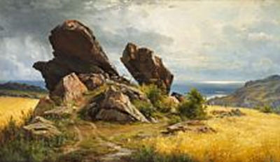 Rocks in a field, Allinge, Bornholm. "Klipper i en Bygmark. Optrækkende Bygevejr. Motiv fra Allinge paa Bornholm Folkeliv"