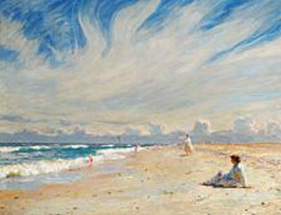 Seaside life on Skagen beach in the midday sun. "Badeliv paa Skagens Nordstrand. Middagssol". by Laurits Tuxen - Auction record, sale price, and art valuation. Compare with similar artists and explore comparable artworks.