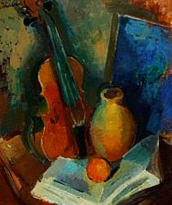 Still life with guitar, jug and orange
