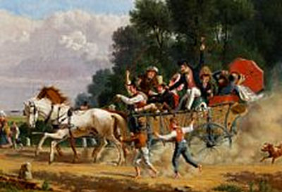 "En Kildereise". A trip to the springs. A horse-drawn carriage with many people on their way to the forest