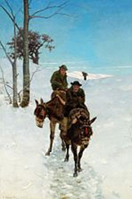 Two men on donkeys in the snow