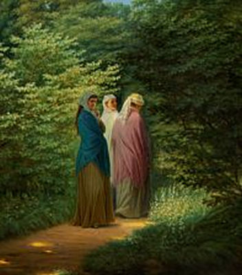 Mrs. Signe Puggaard in the garden with her two daughters