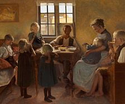 Farmer family after a day's work. "Fattig Arbejderfamilie paa Landet. Efter endt Dagværk"