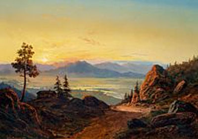 Mountainous landscape with a cabin in the sunset, Sweden