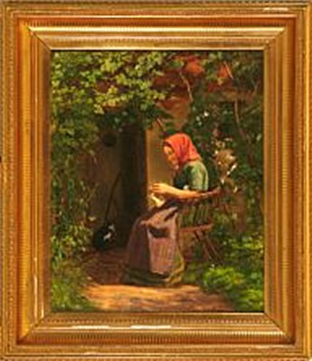 Woman with her knitting in a garden