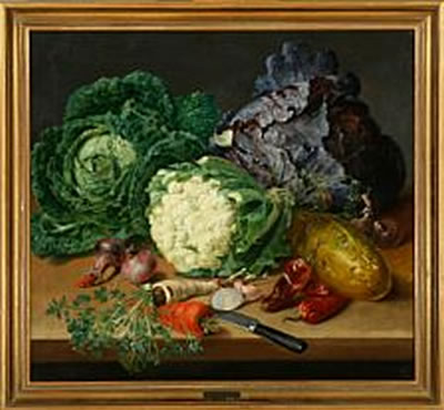 A still life with cabbage, onions and other herbs on a table by Johannes Ludvig Camradt - Auction record, sale price, and art valuation. Compare with similar artists and explore comparable artworks.